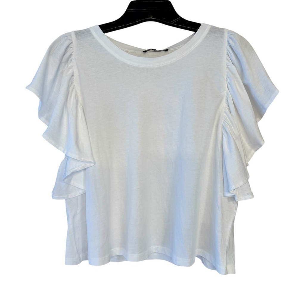 Zara White Ruffle Sleeve Cotton T-shirt Medium